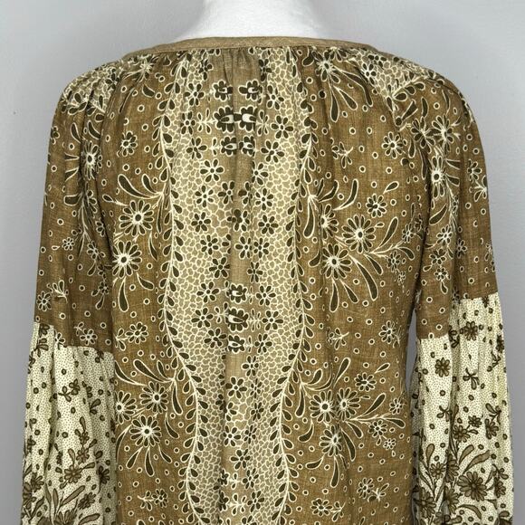D'ascoli Peasant Blouse Size Medium Brown Floral Long Sleeve Cotton Boho Resort - Picture 5 of 10